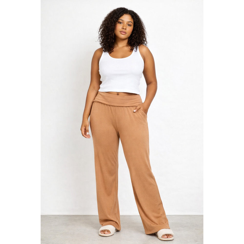 MINS Foldover Waist Lounge Yoga Pants Tan Brown Small Soft Stretch Casual Large